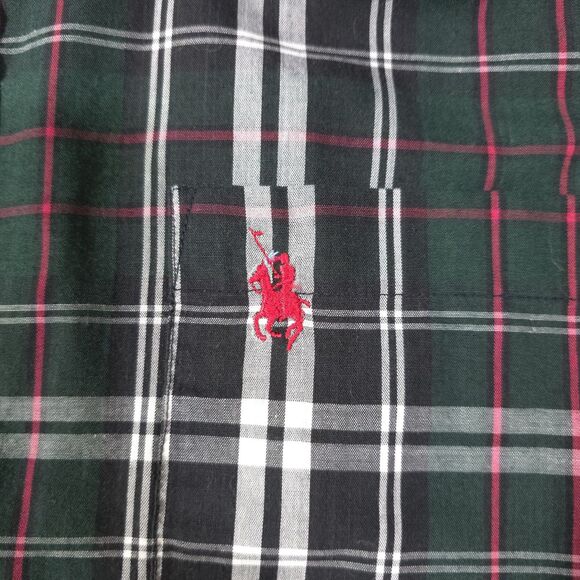 Button Long Sleeve Collared Shirt Mens Lg Green Plaid Holiday Lightweight Logo - Picture 16 of 16